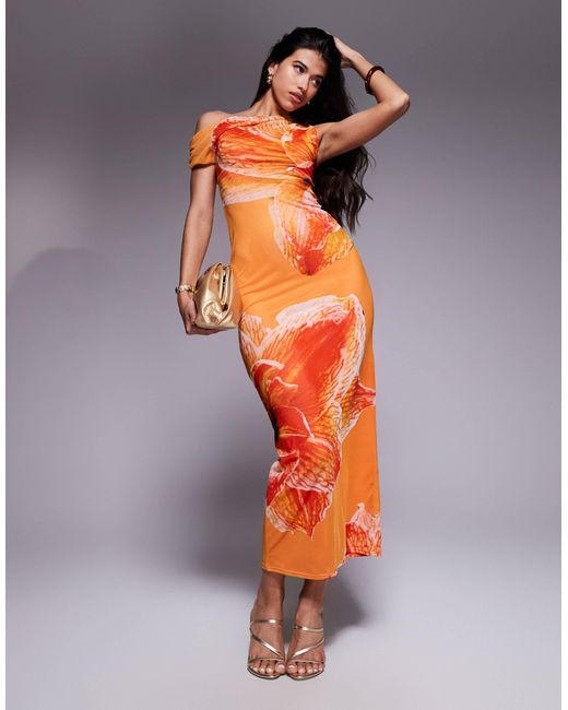 Kaiia Exclusive Double Layered Slinky Drape Off Shoulder Maxi Dress in  Orange | Lyst