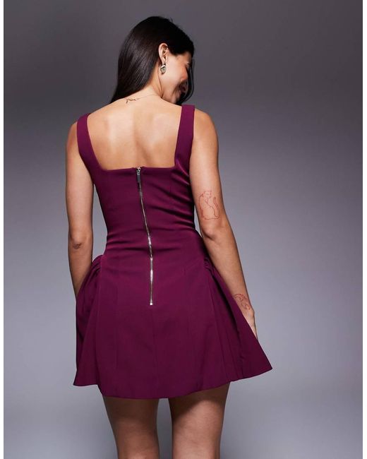 Wanderdoll Purple Sabrina Tailo Square Neck Structu Side Pleat Mini Dress