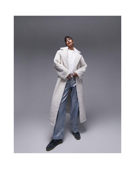 Manteau long duveteux imitation peau TOPSHOP en coloris Gray