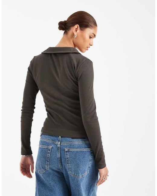 ASOS Gray Shrunken Rib Henley Long Sleeve Top With Collar