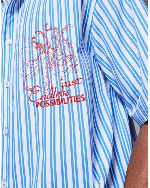 Camisa Azul A Rayas De Corte Cuadrado Extragrande Con Bordado En El Pecho De ASOS de hombre de color Blue