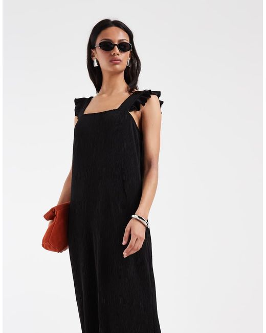 Pieces Black Plisse Maxi Dress With Frill Sleeves