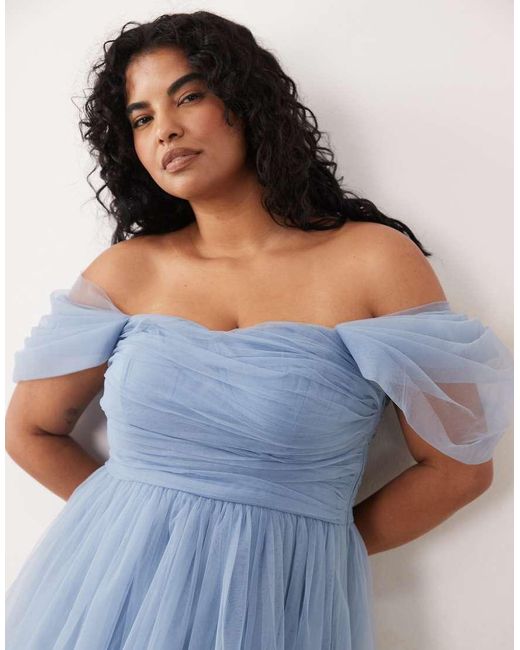 Lace & Beads Plus Blue Off Shoulder Tulle Mini Dress