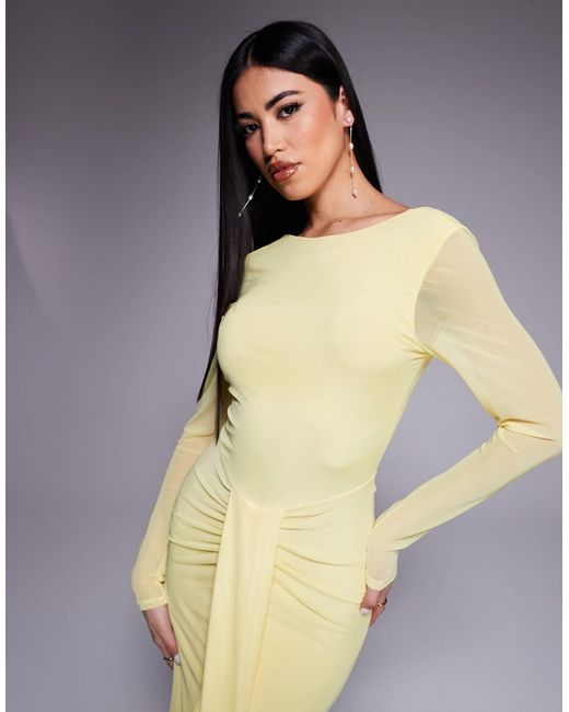 ASOS Yellow Mesh Long Sleeve Slash Neck Open Back Maxi Dress With Sash