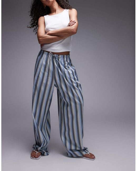 TOPSHOP Women's Blue Poplin Tie Waist Stripe Straight Leg Trouser