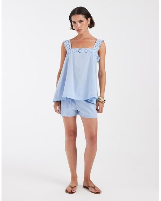 ASOS Blue Cotton Pull On Co-Ord Lace Trim Shorts