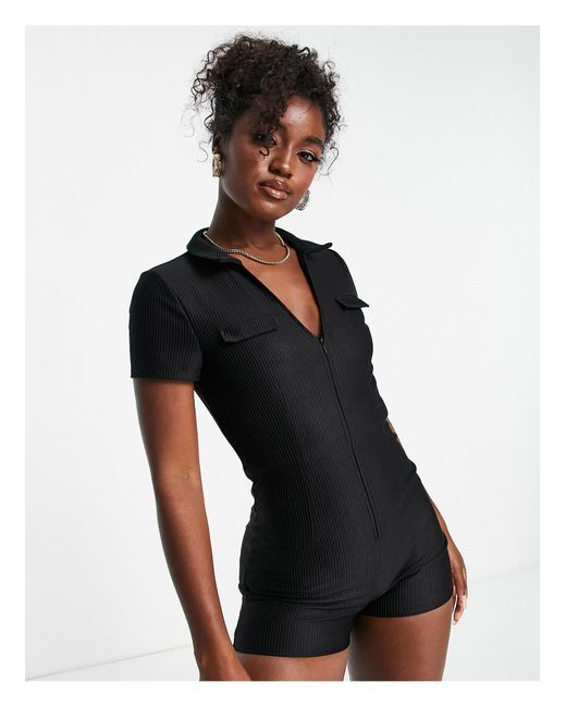 ASOS Collar Zip Front 70s Rib Playsuit in Black Lyst Canada