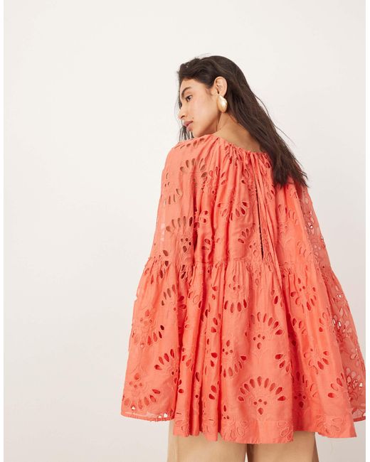ARRANGE Red Oversized Organdi Broderie Smock Top