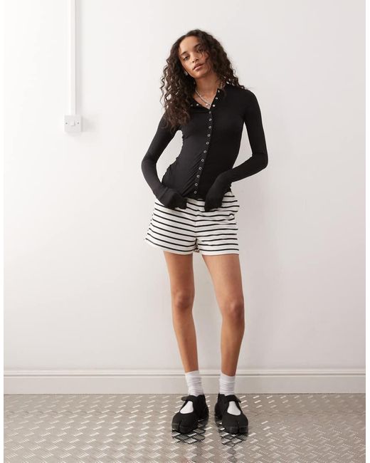 Weekday Black Slim Fit Button Front Long Sleeve Top