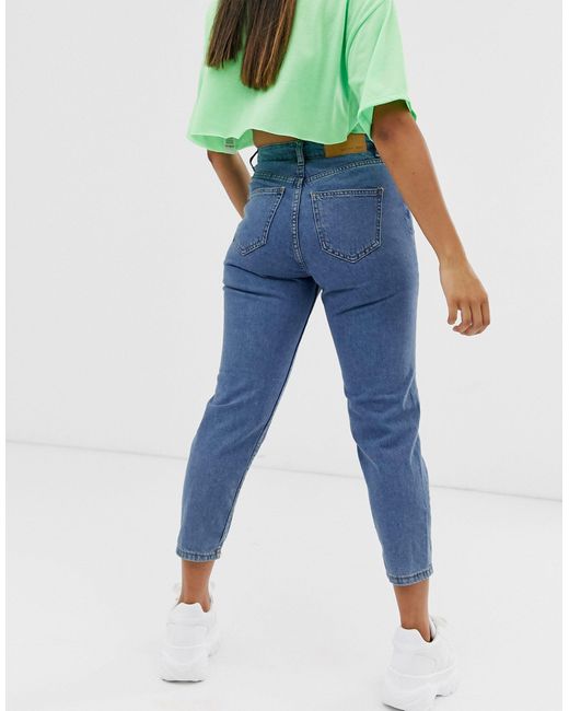 Noisy May Denim Contrast Stitch Mom Jeans in Blue - Lyst