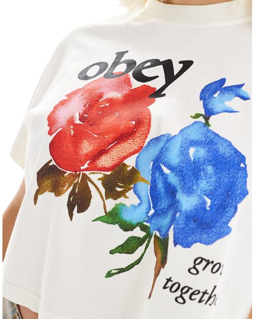 T-shirt squadrata sporco con stampa di rosa di Obey in White