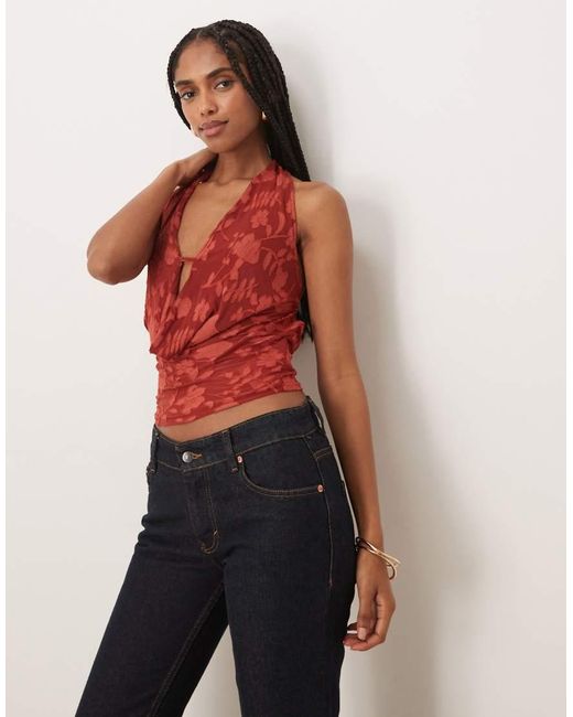 Motel Red Yukari Burnout Mesh Floral Plunge Halter Top
