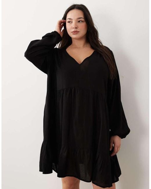 Esmee Curve Black Exclusive Mini Tiered Smock Summer Dress With Long Sleeve