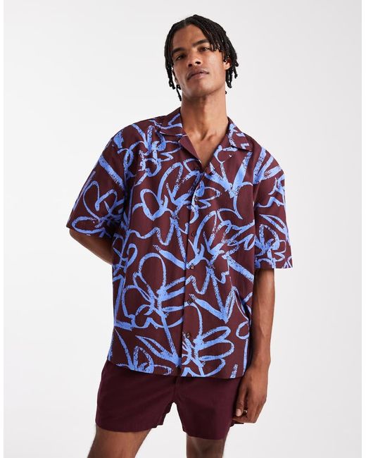 Camicia Con Rever Vestibilità Comoda Bordeaux A Fiori di ASOS in Blue da Uomo