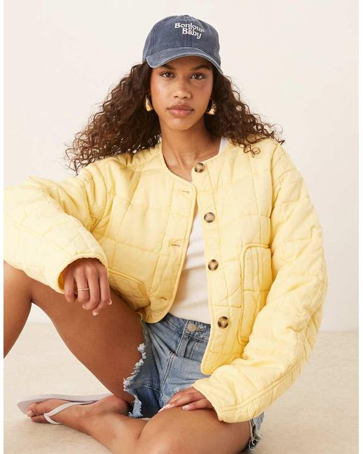 ASOS Yellow Crop Collarless Quilted Jacket