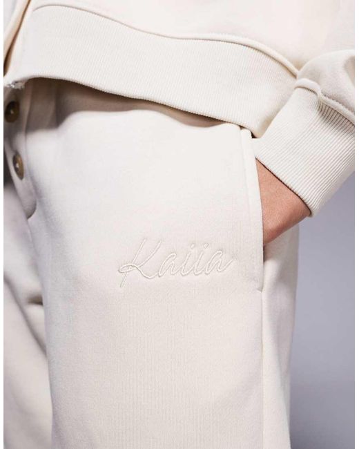 Kaiia Natural Cotton Blend Embroidered Logo Button Detail Wide Leg joggers Co-ord