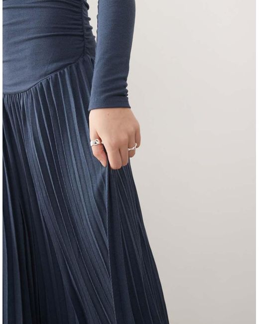 Lioness Blue Field Of Dreams Long Sleeve Foldover Bardot Ruched Drop Waist Pleated Maxi Dress
