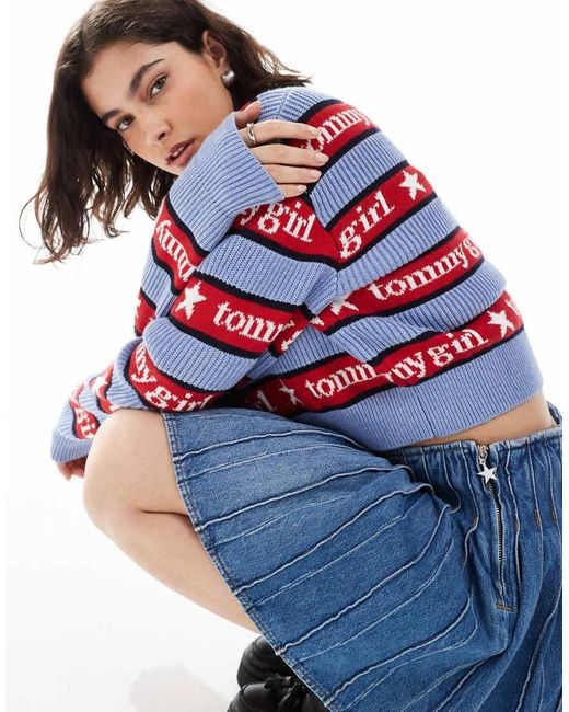 Tommy Hilfiger Blue Tommy Girl Stripe V Neck Jumper