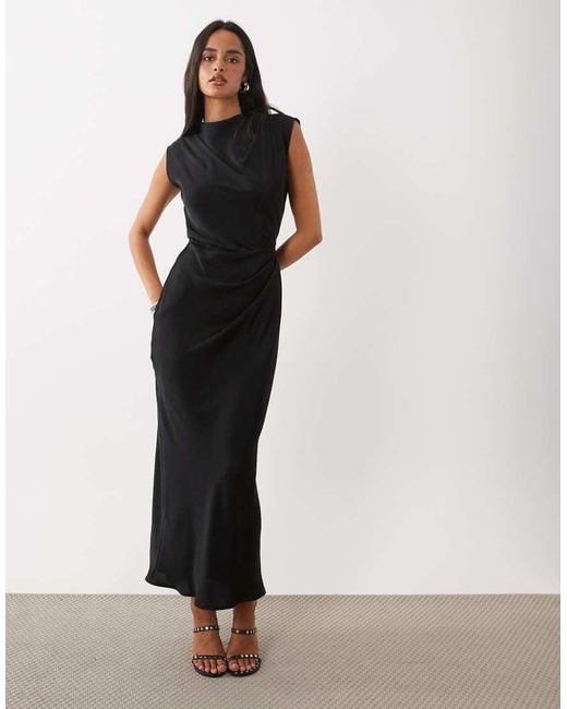ASOS Black High Neck Pleated Bodice Midi Dress