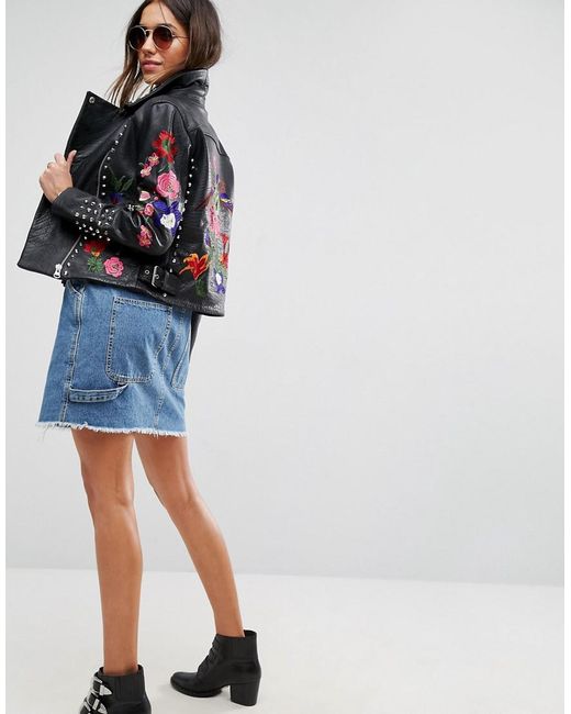 ASOS Black Premium Leather Biker Jacket With Floral Embroidery And Stud Detail