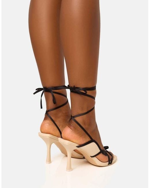 Public Desire Brown Heroine Cream And Bow Detailing Lace Up Mid Heels