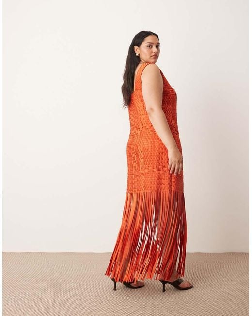 ARRANGE Orange Curve Lattice Handwoven Fringe Hem Midi Dress