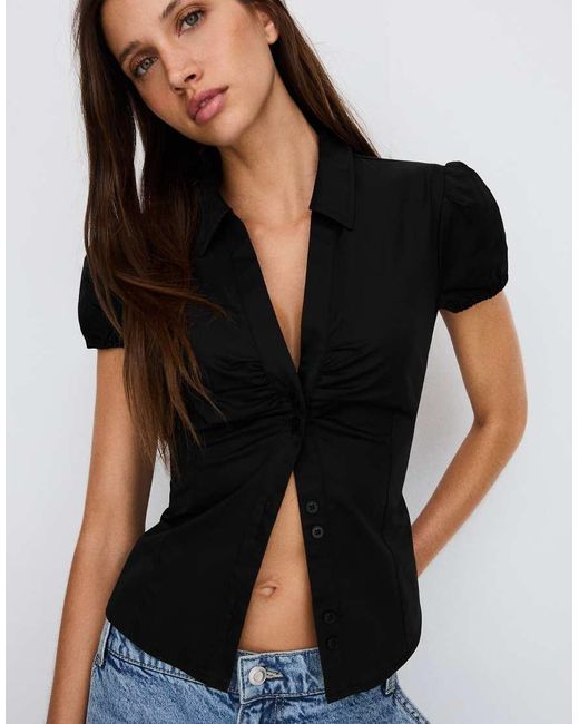 Bershka Black Short Sleeve Poplin Shirt With Bow