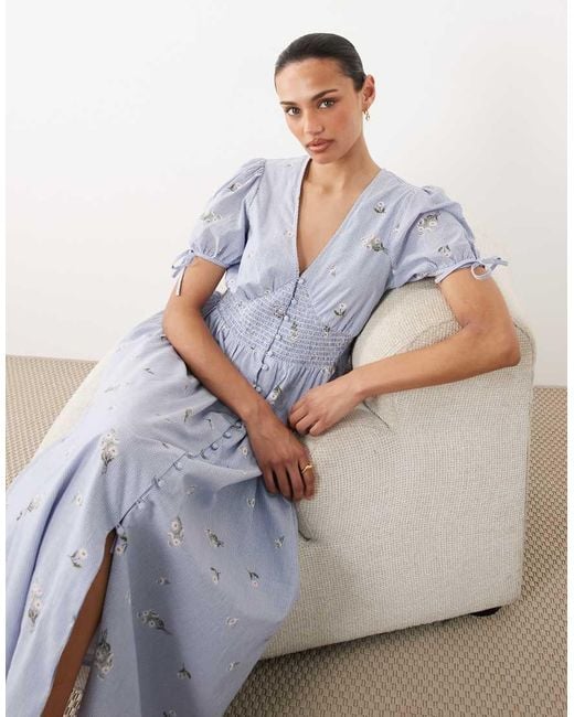 Nobody's Child Gray Ezra Linen Blend V-Neck Puff Sleeve Button Down Midi Dress