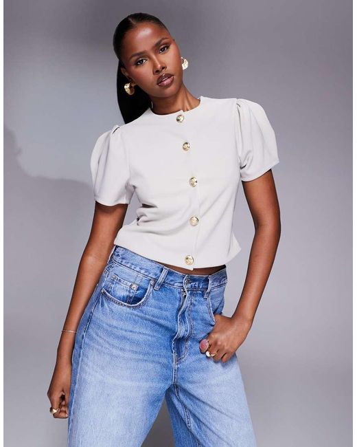ASOS Geribbelde Top Met Pofmouwen, Structuur En Knopen in het Blue