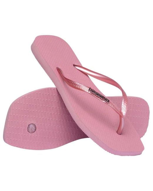 Havaianas Pink Slim Square Toe Metallic Logo Flip Flops