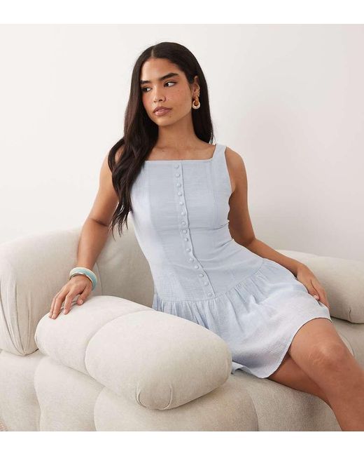 Kaiia White Exclusive Cotton Blend Button Front Square Neck Pleated Mini Dress