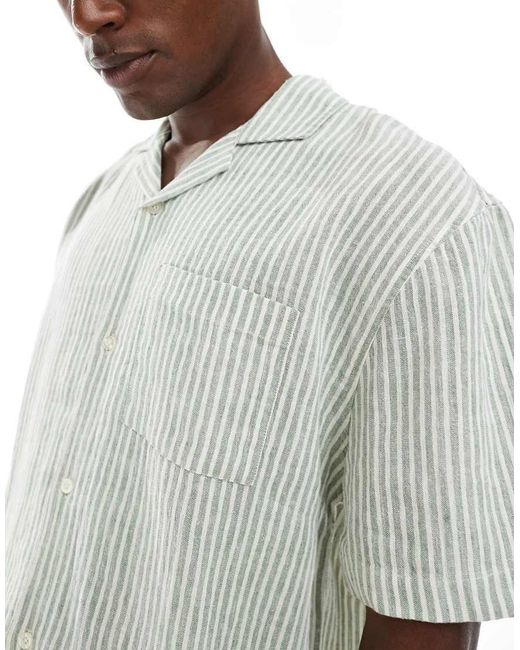 Camisa Verde Mar A Rayas De Manga Corta Y Corte Cuadrado De Lino De Cotton On-Azul Cotton On de hombre de color White