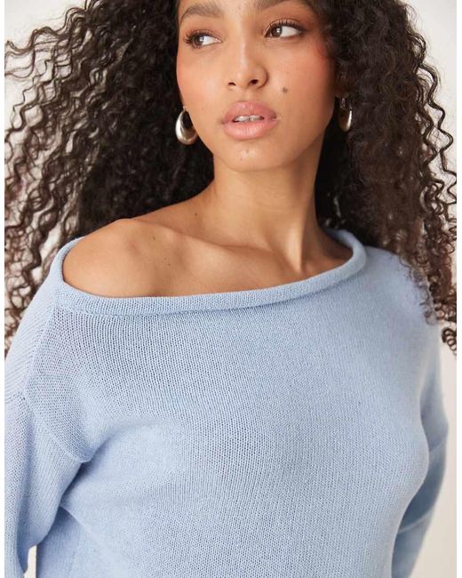 ASOS Gebreide Trui Met Blote Schouder in het Blue