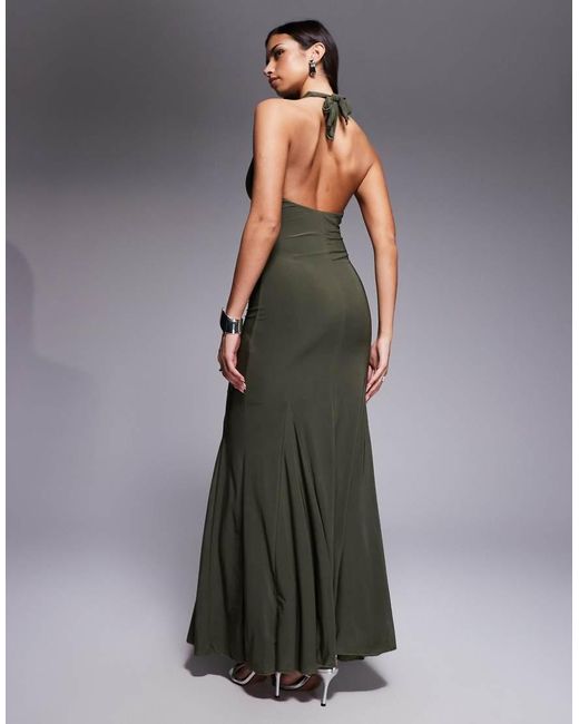 Fashionkilla Gray Exclusive Double Sculpted Slinky Plunge Halterneck Godet Hem Maxi Dress