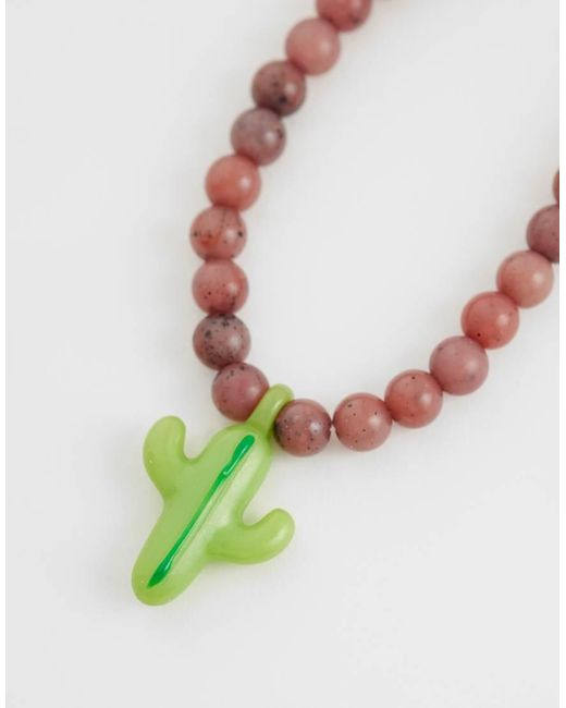 ASOS Metallic Necklace With Pink Semi-precious Beads And Cactus Pendant