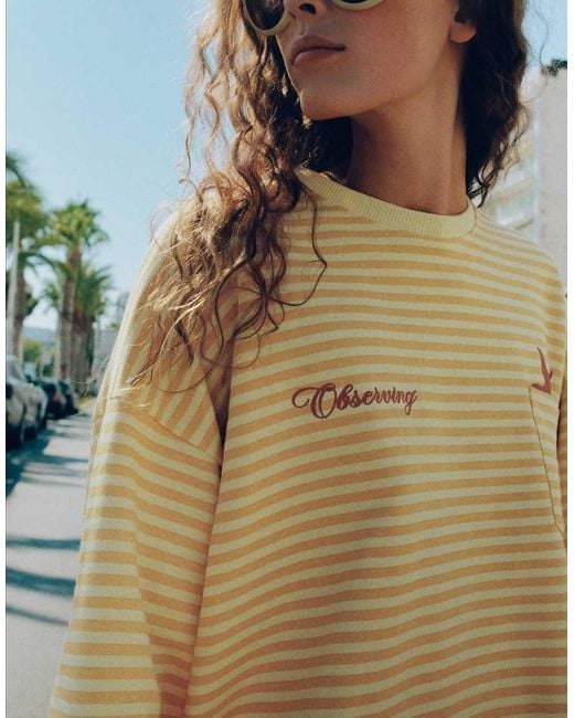 Pull&Bear Gray Oversize Striped Graphic Sweatshirt