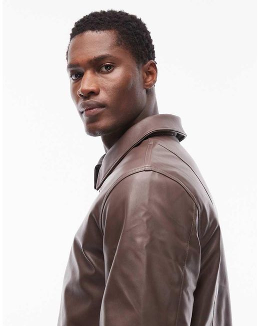 ASOS Brown Faux Leather Harrington Jacket for men