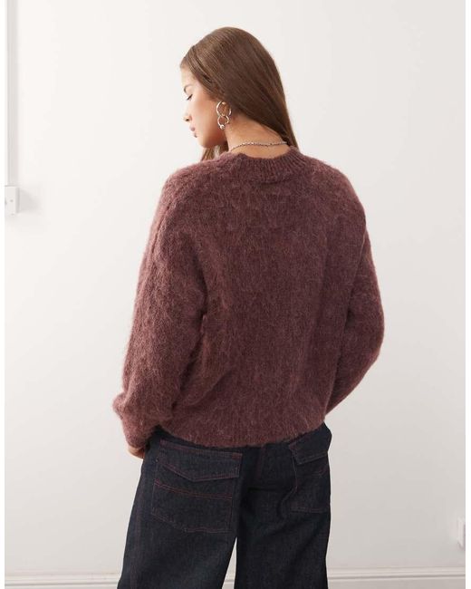 Reclaimed Vintage Red High V-Neck Fluffy Knitted Jumper