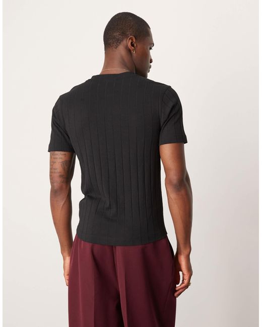 ASOS Black Muscle Fit Ribbed T-shirt With Henley Neck for men