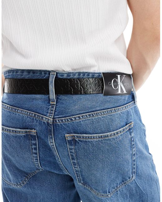 Calvin Klein Blue Classic Flat Leather 35mm Logo Print Belt for men