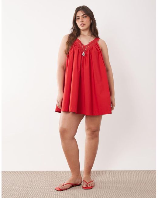 ASOS Red Asos Design Curve V Neck Smock Poplin Mini Sundress With Lace Overlay