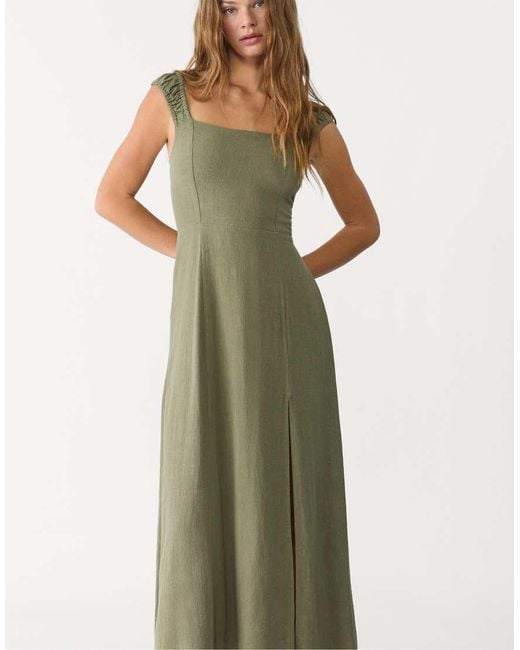 Stradivarius Green Maxi Dress With Crossed Back With Linen