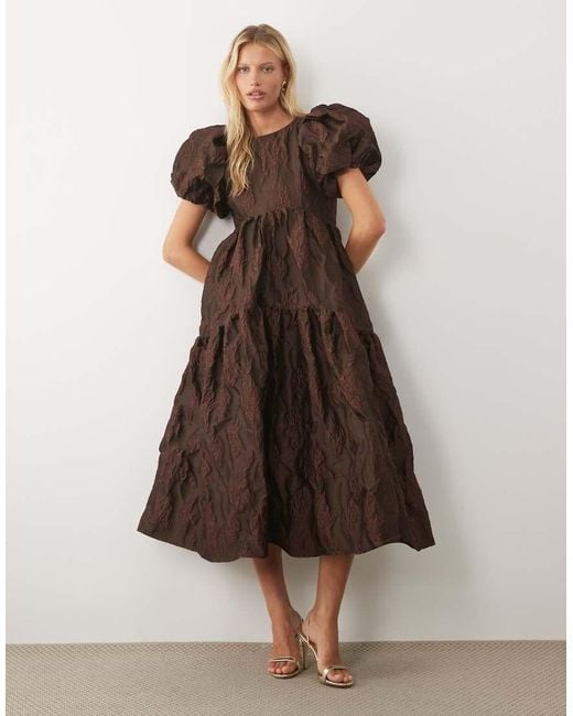 Sister Jane Brown Harmonia Exclusive Jacquard Puff Sleeve Midi Dress