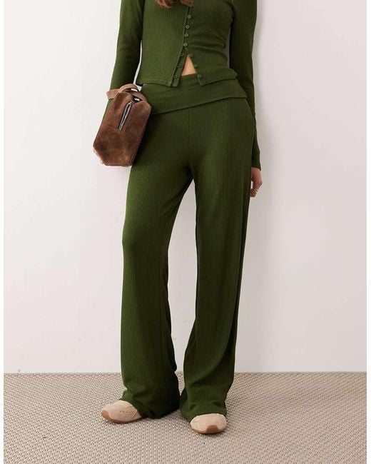 ASOS Green Co-ord Rib Fold Over Waist Trouser With Ruched Detail