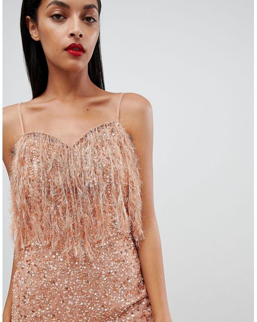 ASOS Faux Feather Trim Sequin Midi Dress in Pink | Lyst