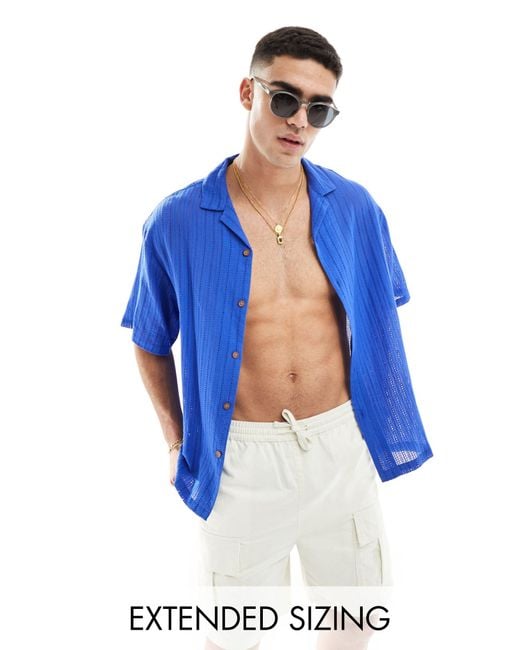 ASOS Blue Short Sleeve Oversized Revere Collar Textured Shirt for men