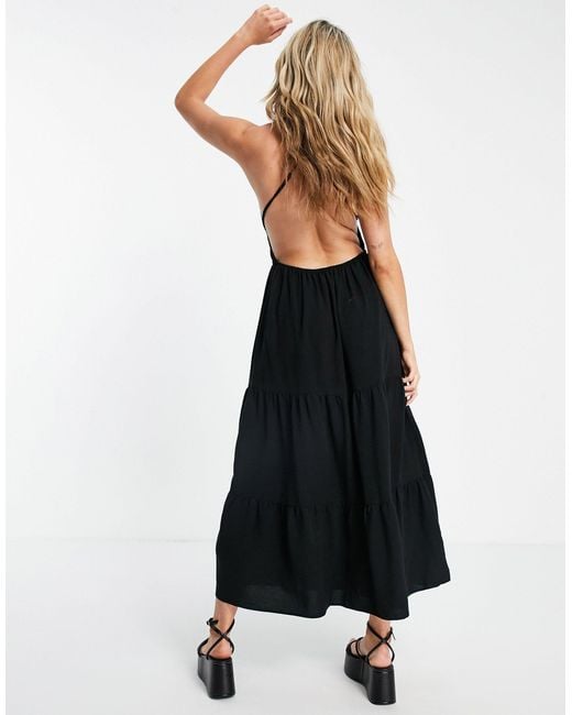 Bershka Tiered Smock Detail Maxi Dress in Black | Lyst UK
