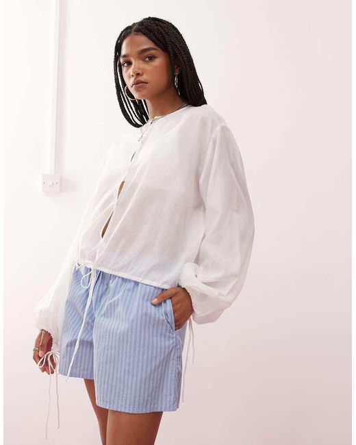 Weekday White Cotton Voile Blouse With Volume Sleeves And Keyhole Front Detail