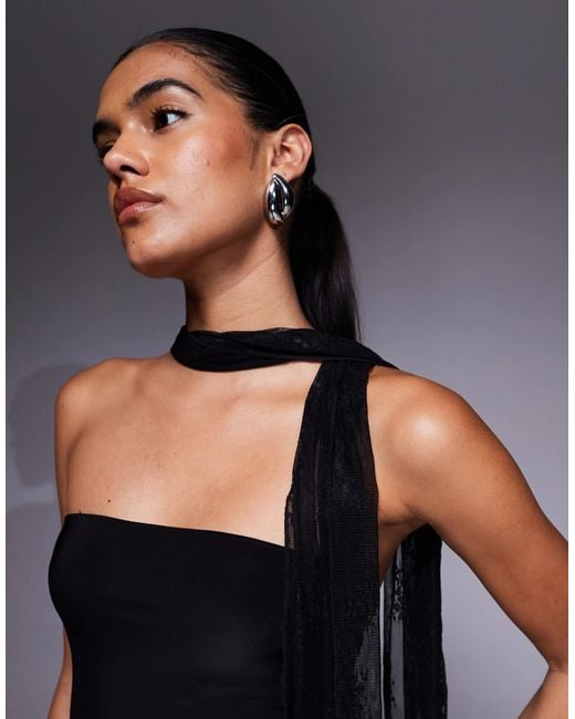 Fashionkilla Blue Exclusive Double Sculpted Slinky Bandeau Sheer Lace Hem Scarf Detail Maxi Dress