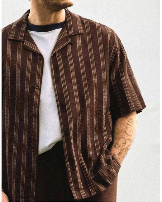 Pull&Bear Brown Striped Short Sleeve Shirt for men